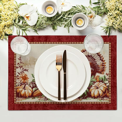 Giwawa 4PCs Thanksgiving Placemats 12x18 Inch Fall Harvest Turkey Autumn - Image 3