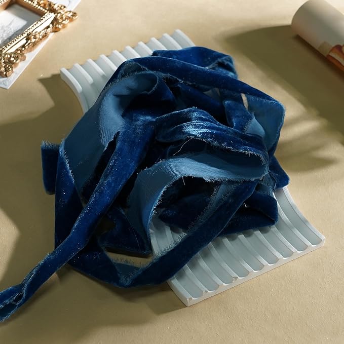 Blue Velvet Ribbon 1.5 Inch Hand Frayed Silk Velvet Ribbon Rustic Velvet - Image 3