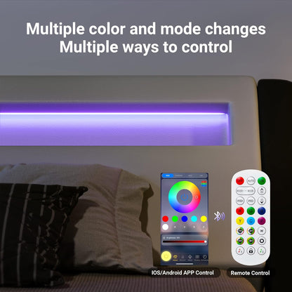 allewie queen size led bed frame with adjustable showing dimensions