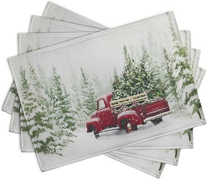 Red Truck Christmas Placemats Set of 4, 12x18 Inch Green Pine Tree Snow Xmas - Image 2