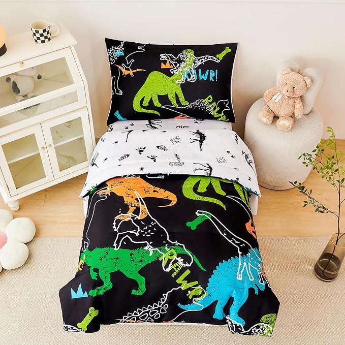 PERFEMET 4-Piece Boys Toddler Bedding Sets Cartoon Dinosaur Comforter Set - Image 3