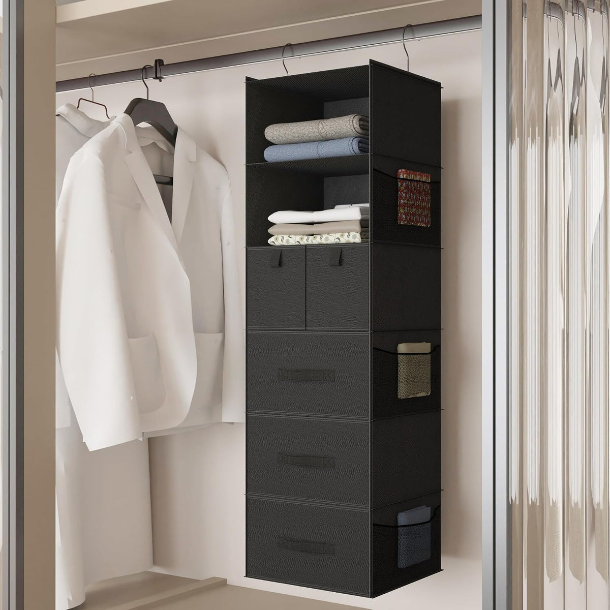6-shelf hanging closet organizer with 5 drawers, non-woven, side view