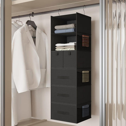 6-shelf hanging closet organizer with 5 drawers, non-woven, side view