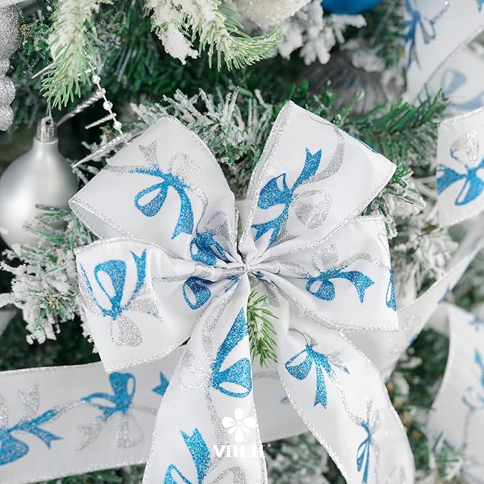MEEDEE Blue and Silver Christmas Ribbon 2.5 Inch White Satin Ribbons - Image 5