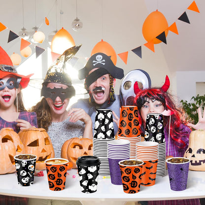 100 Set Halloween Disposable Coffee Cups with Lids 12oz, Bulk Black Orange Pumpkin Ghost Bat Disposable Party Paper Cups for Hot Chocolate Cold Drinks Halloween Birthday Party Supplies Decorations