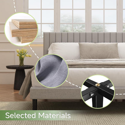 queen linen bed frame with vertical channel tufted showing dimensions