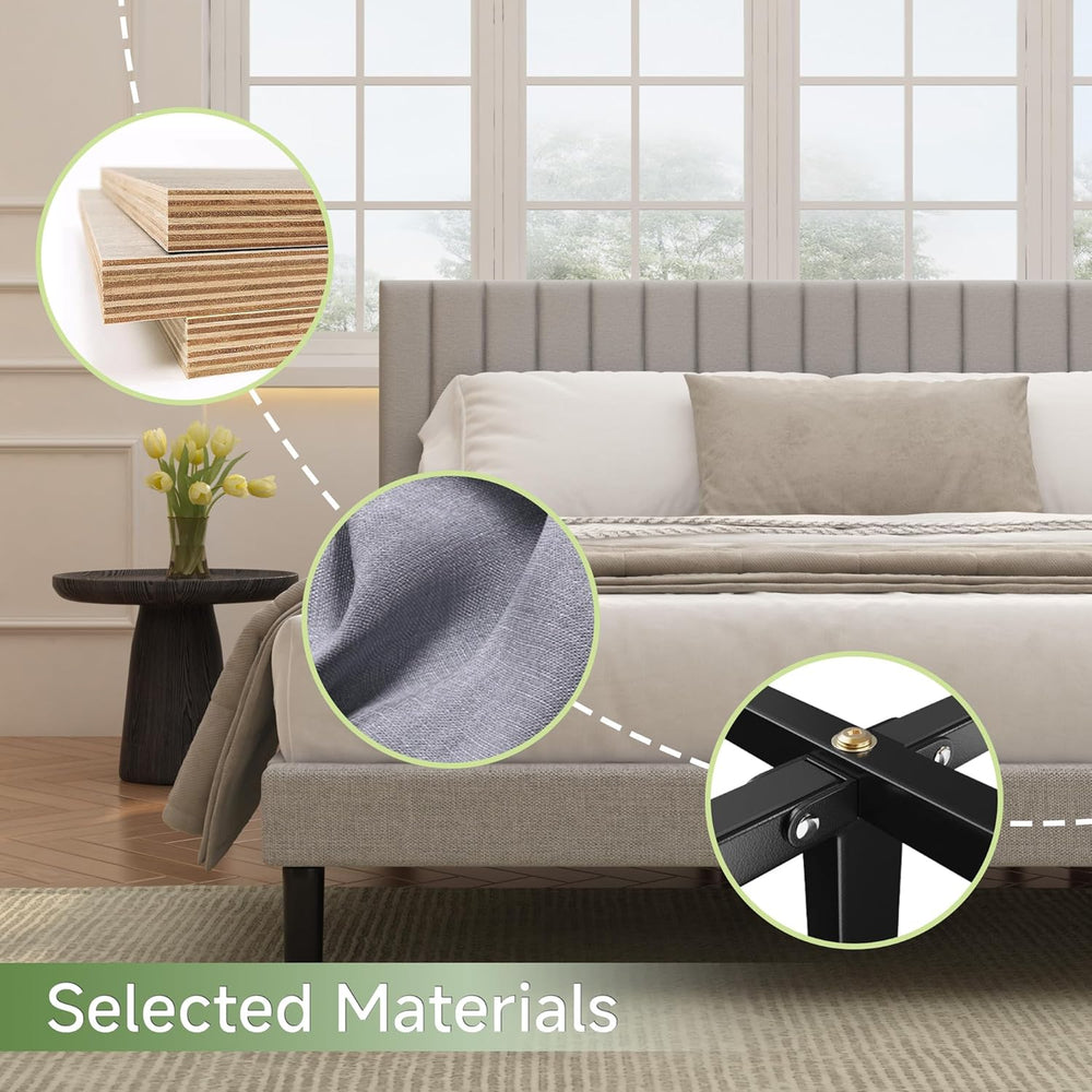 Full Linen Bed Frame with Vertical Channel Tufted Headboard Light Grey