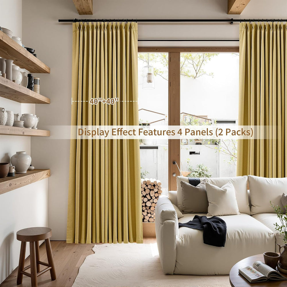 Joywell 100% Blackout Linen Pinch Pleated Curtains 84 Inch for Bedroom Gold
