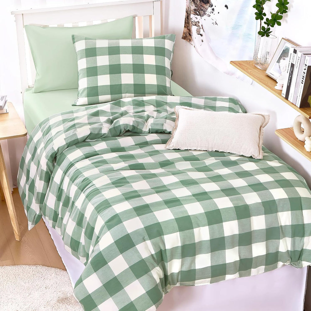 Wake In Cloud - Gingham Cotton Duvet Cover Set, Plaid Buffalo Check Checkered...