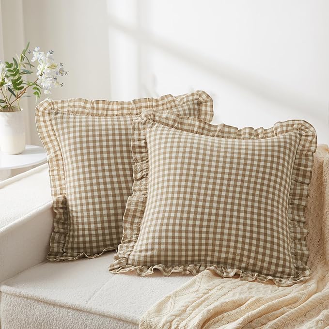 KKJIAF Ruffle Plaid Euro Sham Pillow Covers 20 x 20 Inches, Cotton Gingham by KKJIAF