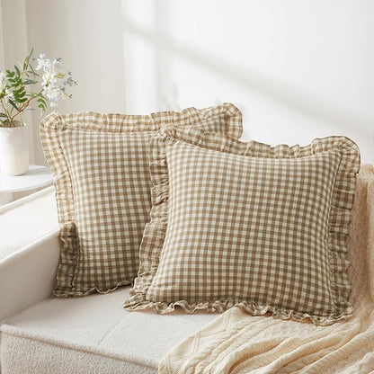 KKJIAF Ruffle Plaid Euro Sham Pillow Covers 20 x 20 Inches, Cotton Gingham by KKJIAF