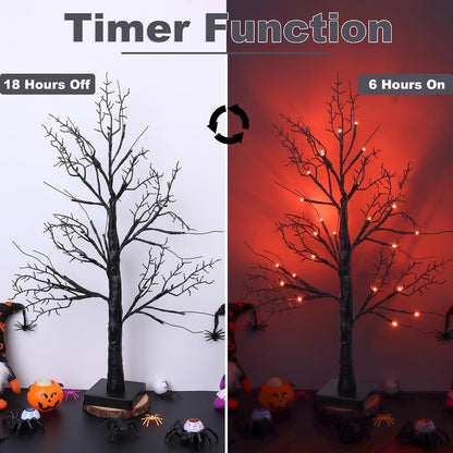 Halloween Decorations Indoor 2 Pack 24 Inch Black Halloween Tree with 24 Orange Red Lights, Timer/USB/Battery Operated Tabletop Lighted Spooky Tree for Halloween Table Decor Home Indoor Office