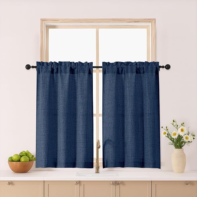 Gwine Navy Blue Kitchen Curtains 36 Inch Length 2 Panels, Light Filtering by Gwine