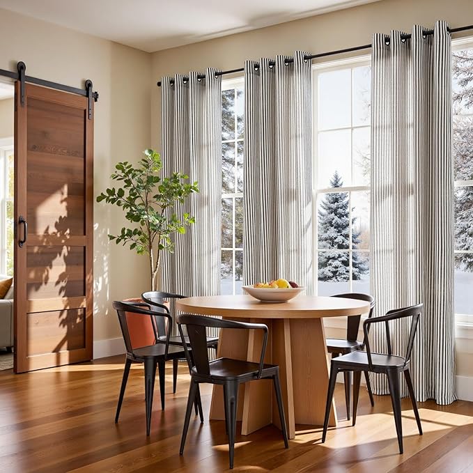 Vangao Linen Striped Black Curtains Boho Tickingstripe Light Filtering Window - Image 4