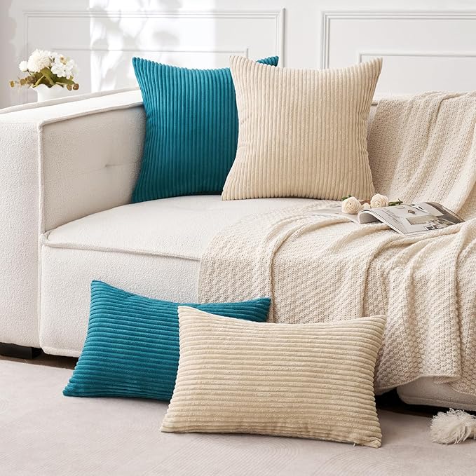 MIULEE Pack of 2 Teal Corduroy Pillow Covers Soft Boho Striped Throw Pillow - Image 5