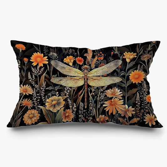 Vintage Moody Floral Dragonfly Pillow Covers 12x20, Dark Academia Room Decor by Exqcom