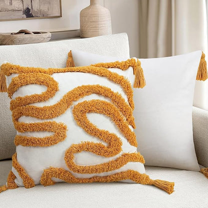 Adabana Yellow and White Pillow Covers Decorative Tufted Abstract Throw Pillows - Image 6