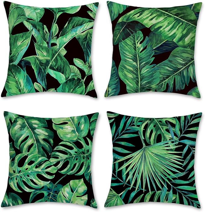 Bonhause Tropical Green Leaves Pillow Covers 18x18 Palm Leaf Decorative Pillow by Bonhause