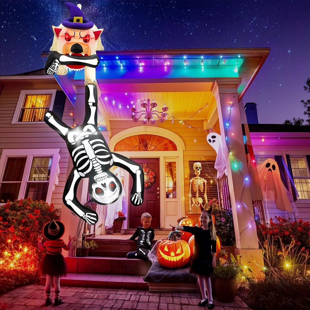 8FT LED Lighted Up Halloween Inflatables Dog Pulling Skeleton Blow Ups