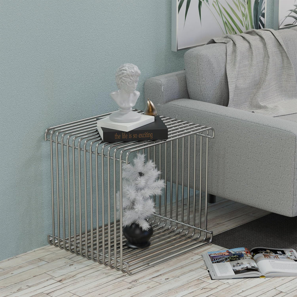 Square Geometry Retro Side Table Prime-Stainless Steel Linear Metal End Table...
