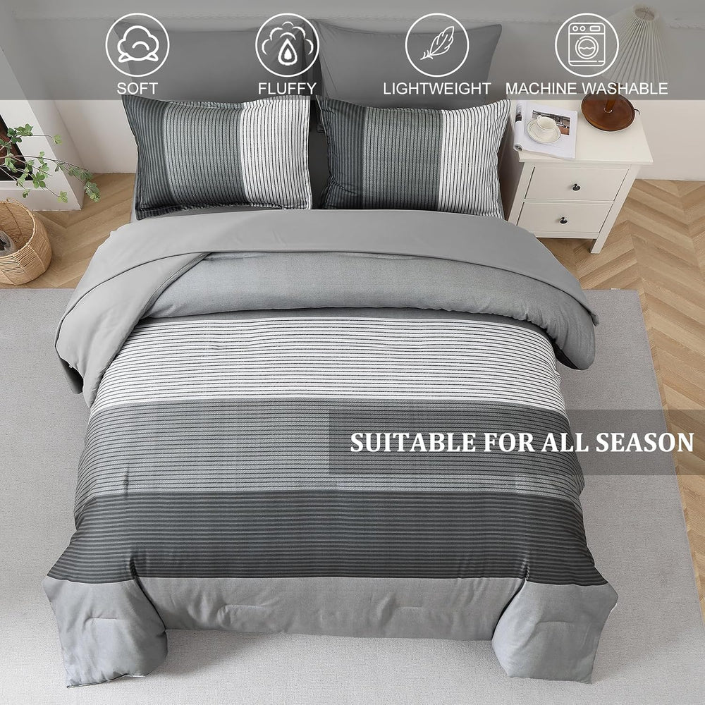 Grey Full Size Comforter Set, 7 Pieces Striped Bed in a Bag with Sheets