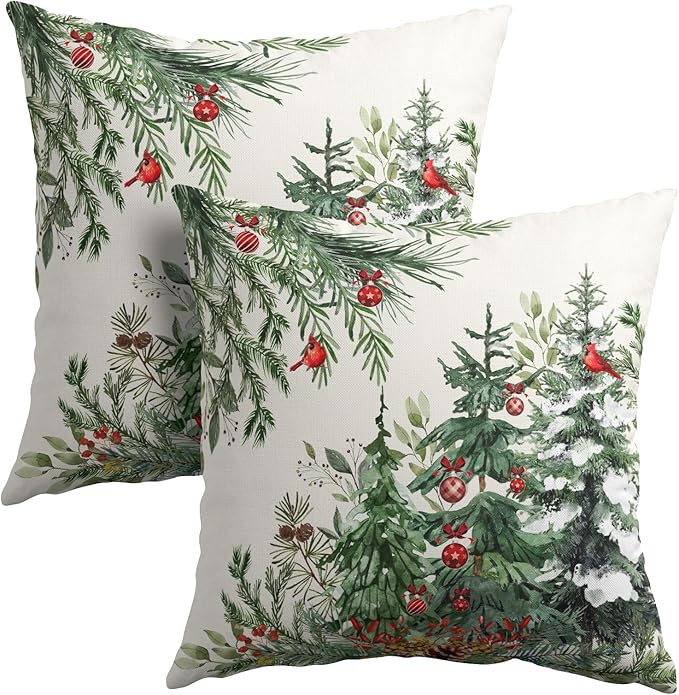 Green Christmas Tree Throw Pillow Covers 22x22 Inch Set of 2 Winter Pine Trees by Granbey