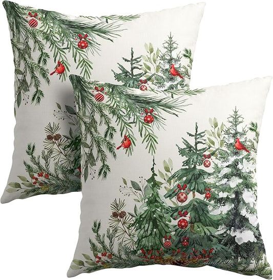 Green Christmas Tree Throw Pillow Covers 22x22 Inch Set of 2 Winter Pine Trees by Granbey