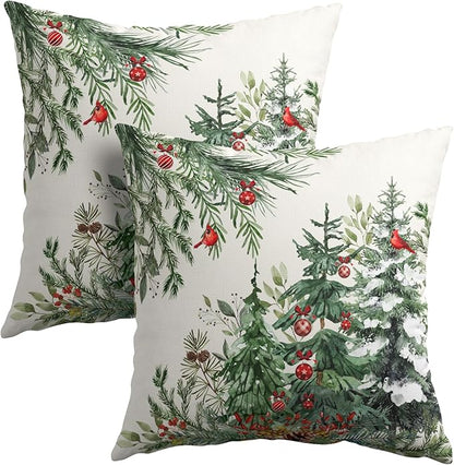Green Christmas Tree Throw Pillow Covers 18x18 Inch Set of 2 Winter Pine Trees by Granbey