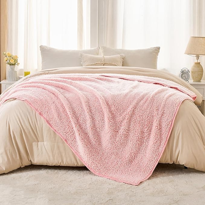 EMME Soft Sherpa Fleece Blanket Reversible Plush Fluffy Large Blanket, Light - Image 5