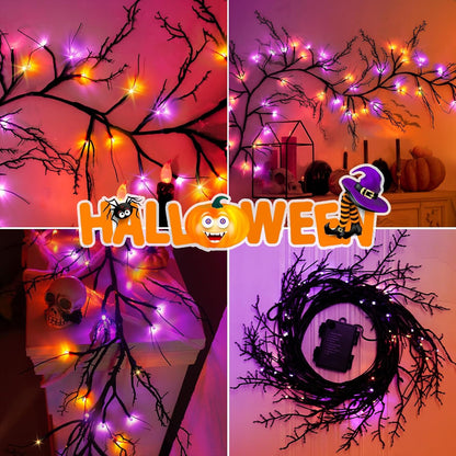 [8 Modes & Timer] 9 Ft 72 LED Halloween Willow Vine Twig Garland with Orange Purple Lights Battery Operated Indoor/Outdoor Wall Fireplace Mantle Halloween Decorations