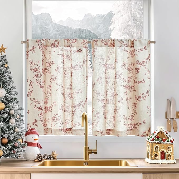 jinchan Floral Kitchen Curtains 30 Inch Christmas Decor Linen Tier Curtains by JINCHAN