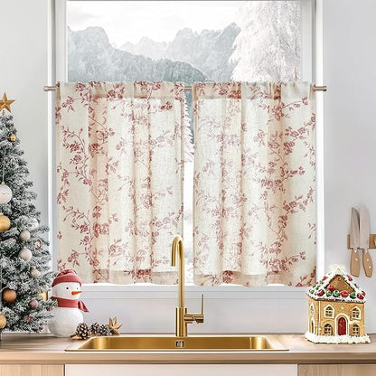 jinchan Floral Kitchen Curtains 30 Inch Christmas Decor Linen Tier Curtains by JINCHAN