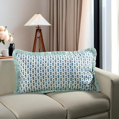 Ridhi Aquamarine Blue 100% Cotton Block Print Ruffle Bed Sham Cover 20''×36'' - Image 5