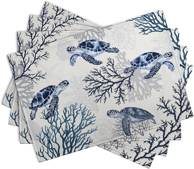Coastal Beach Placemats Set of 4 Nautical Theme Coral Sea Turtle Navy Blue - Image 2