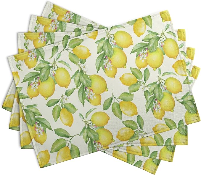 Lemon Placemats Set of 4 Summer Yellow Fruit Green Leaf Floral Linen Table Mat - Image 2
