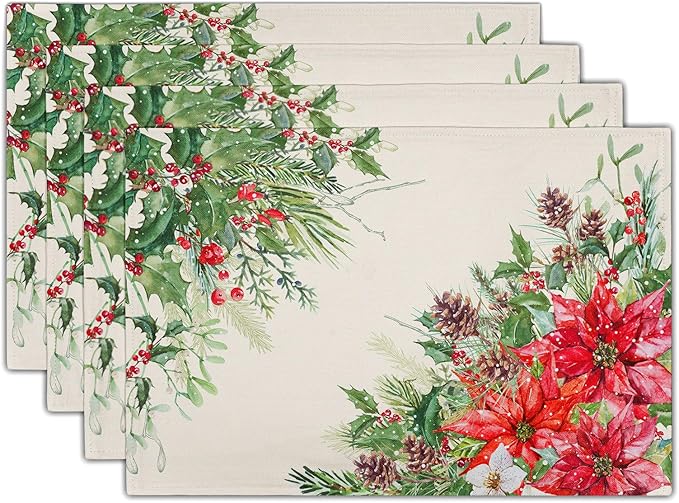 Giwawa Poinsettia Placemats Set of 4, 12x18 Inch Watercolor Christmas Red by Giwawa