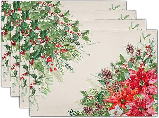Giwawa Poinsettia Placemats Set of 4, 12x18 Inch Watercolor Christmas Red by Giwawa