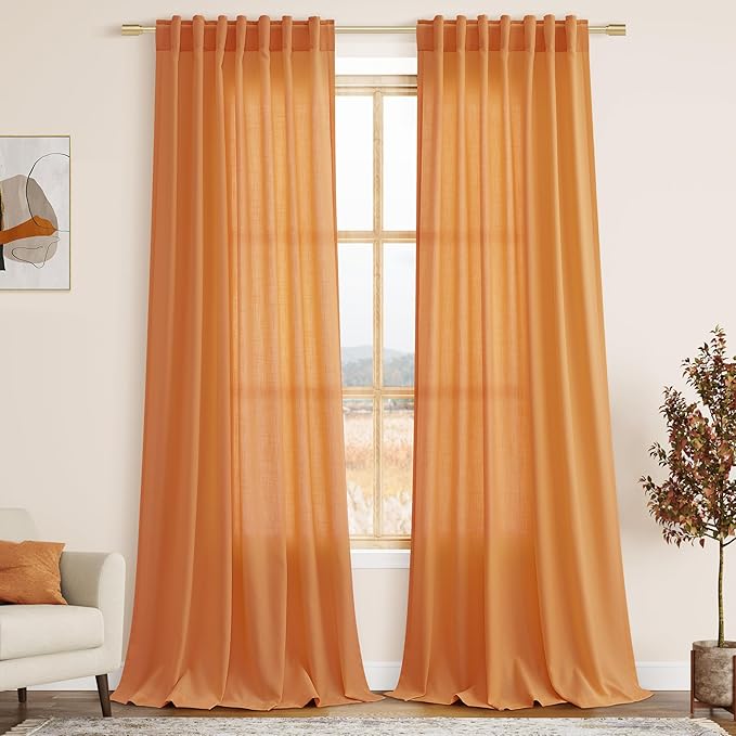 Nanspring Orange Boho Curtains for Bedroom Back Tab Rod Pocket Semi Sheer Linen by Nanspring