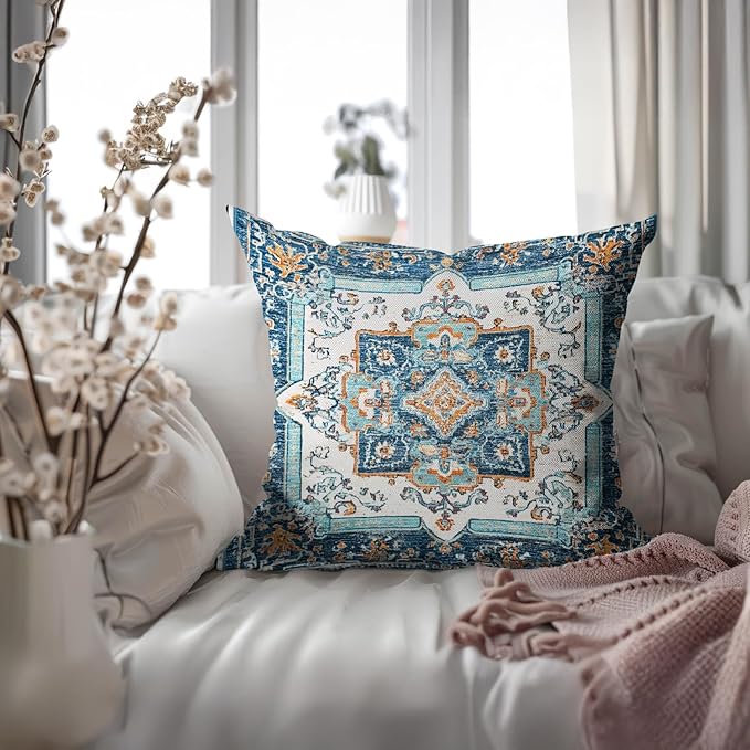 Bohemian Pillow Covers | Vintage Floral & Carpet Design | Double Sided Blue - Image 6