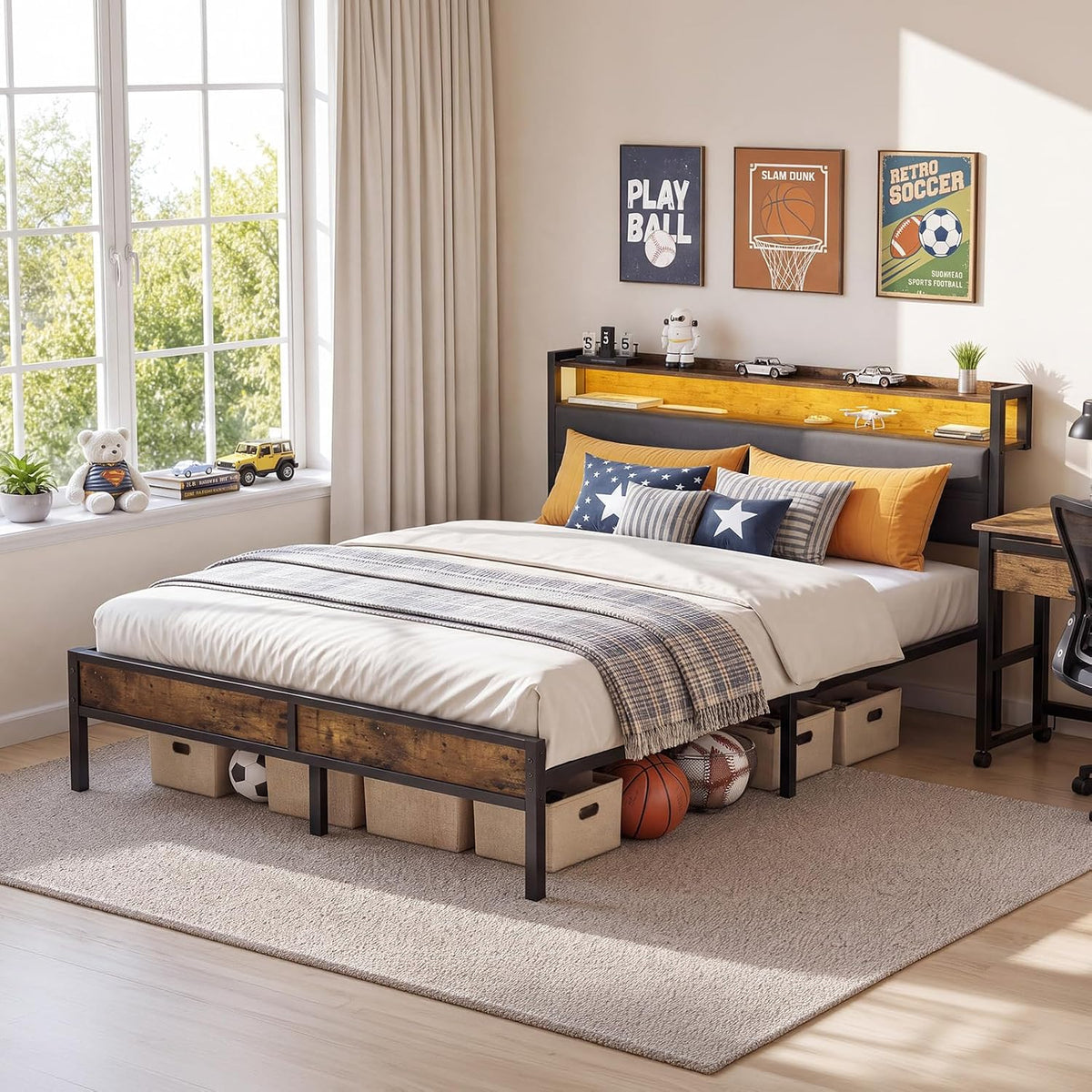 grusign queen size bed frame with led light, front angle view