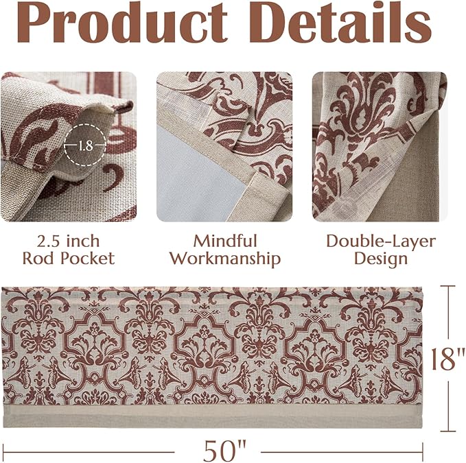 jinchan Linen Valance Curtain for Kitchen Vintage Damask Floral Blackout - Image 6