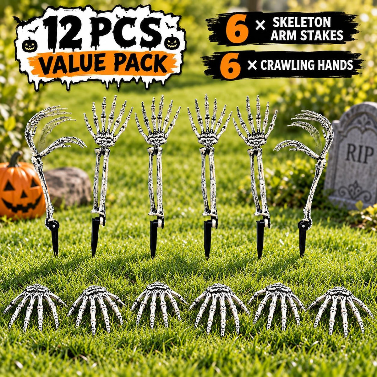 12 PCS Halloween Skeleton Hands Arms Stakes, Realistic Groundbreaker Skeleton Hands with Stakes, Outdoor Halloween Decorations for Lawn, Graveyard, Garden, Tombstones, Haunted House Home Yard Decor
