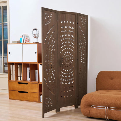 66.9inch folding room divider, 3 panels wood carved, close-up detail