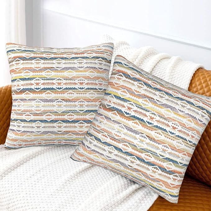 Colorful Boho Geometric Abstract Striped Throw Pillow Covers 18x18 Inch Set of - Image 6