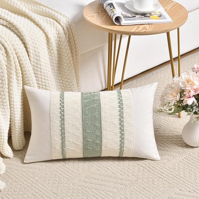 Fancy Homi Set of 2 Sage Green Boho Lumbar Decorative Throw Pillow Covers 12x24 - Image 2