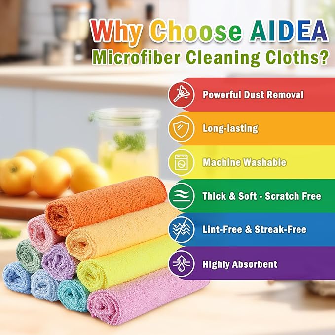 AIDEA Microfiber Cleaning Cloth, Colorful Lint-Free Vibrant Cleaning Rags - Image 2
