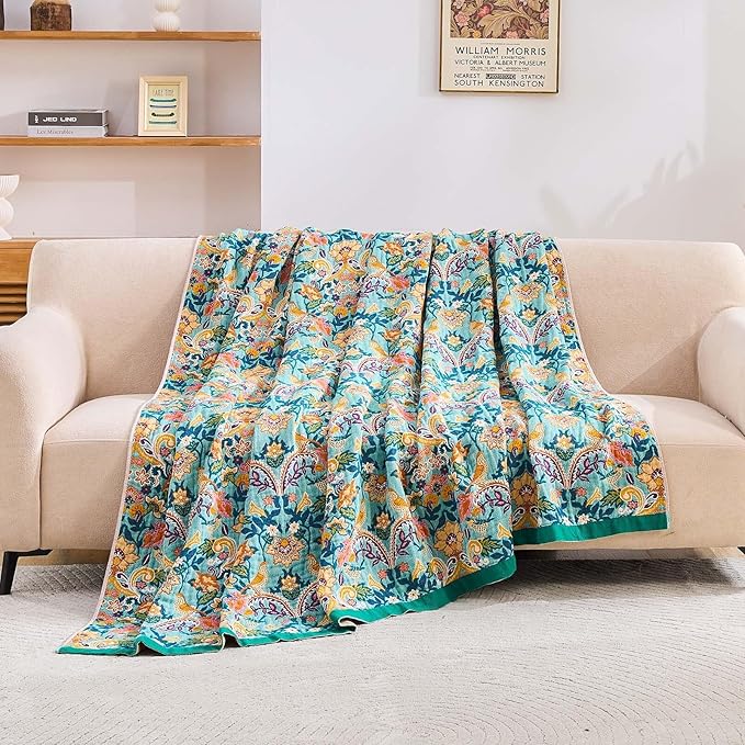 Boho Blanket Throw Quilt, 100% Cotton Soft Light Weight Throw Blankets - Image 3