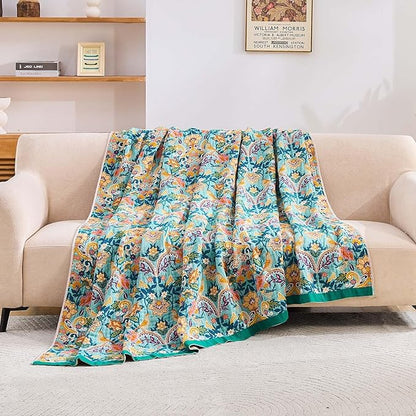 Boho Blanket Throw Quilt, 100% Cotton Soft Light Weight Throw Blankets - Image 3