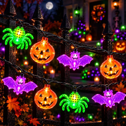 Couah Halloween Pumpkin Bat Spider LED String Lights, 12Ft Jack O Lantern Lights with 20 PCS Pumpkin Bat Spider Plug-in Waterproof for Outdoor Indoor Halloween Decorations
