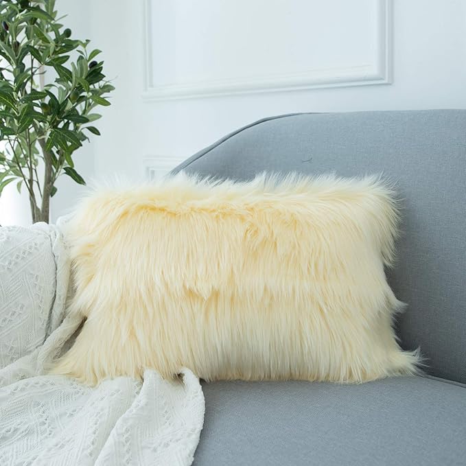 LIGICKY Set of 2 Decorative Lumbar Pillow Covers Soft Light Yellow Fluffy Throw - Image 3